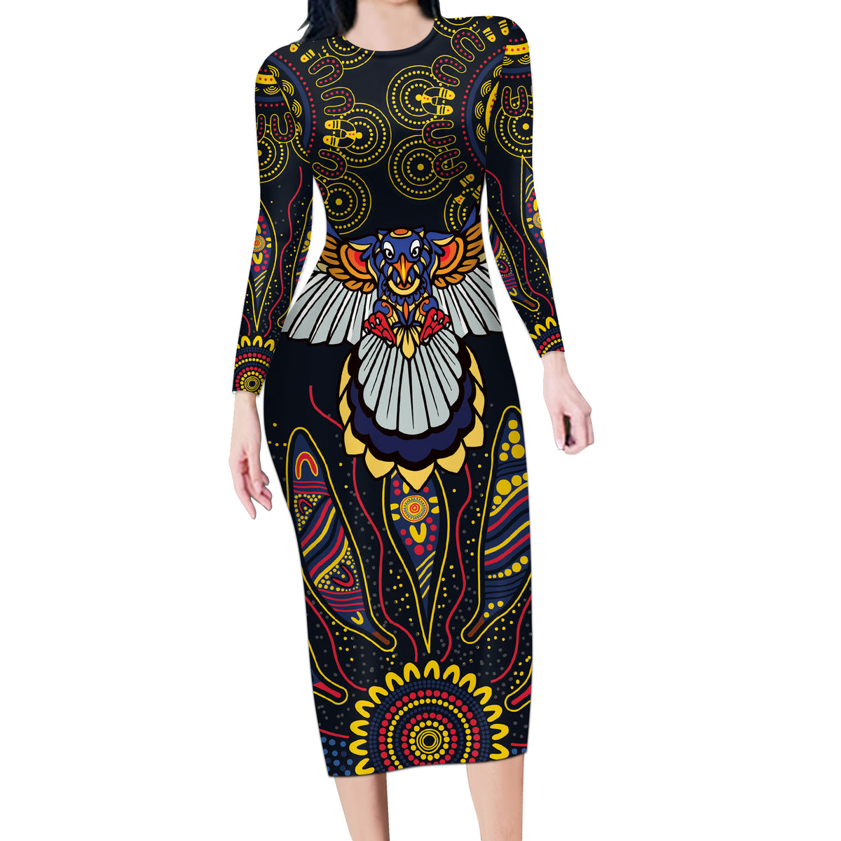 Custom Adelaide Football Long Sleeve Bodycon Dress With Crow Aboriginal Art Style