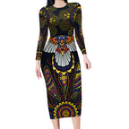 Custom Adelaide Football Long Sleeve Bodycon Dress With Crow Aboriginal Art Style