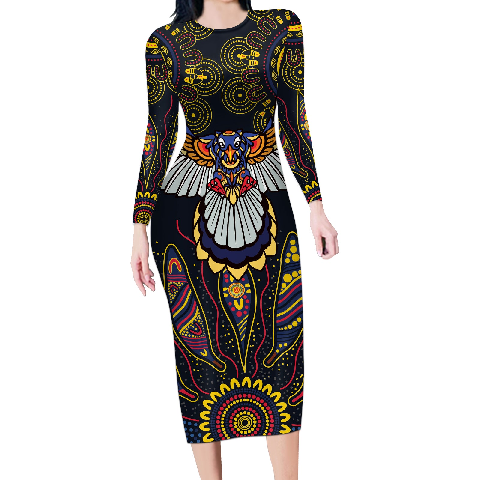 Custom Adelaide Football Long Sleeve Bodycon Dress With Crow Aboriginal Art Style