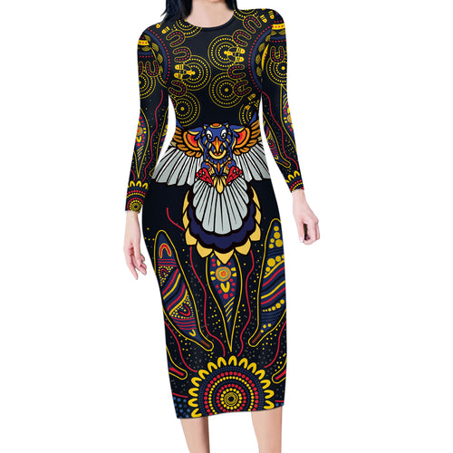 Custom Adelaide Football Long Sleeve Bodycon Dress With Crow Aboriginal Art Style