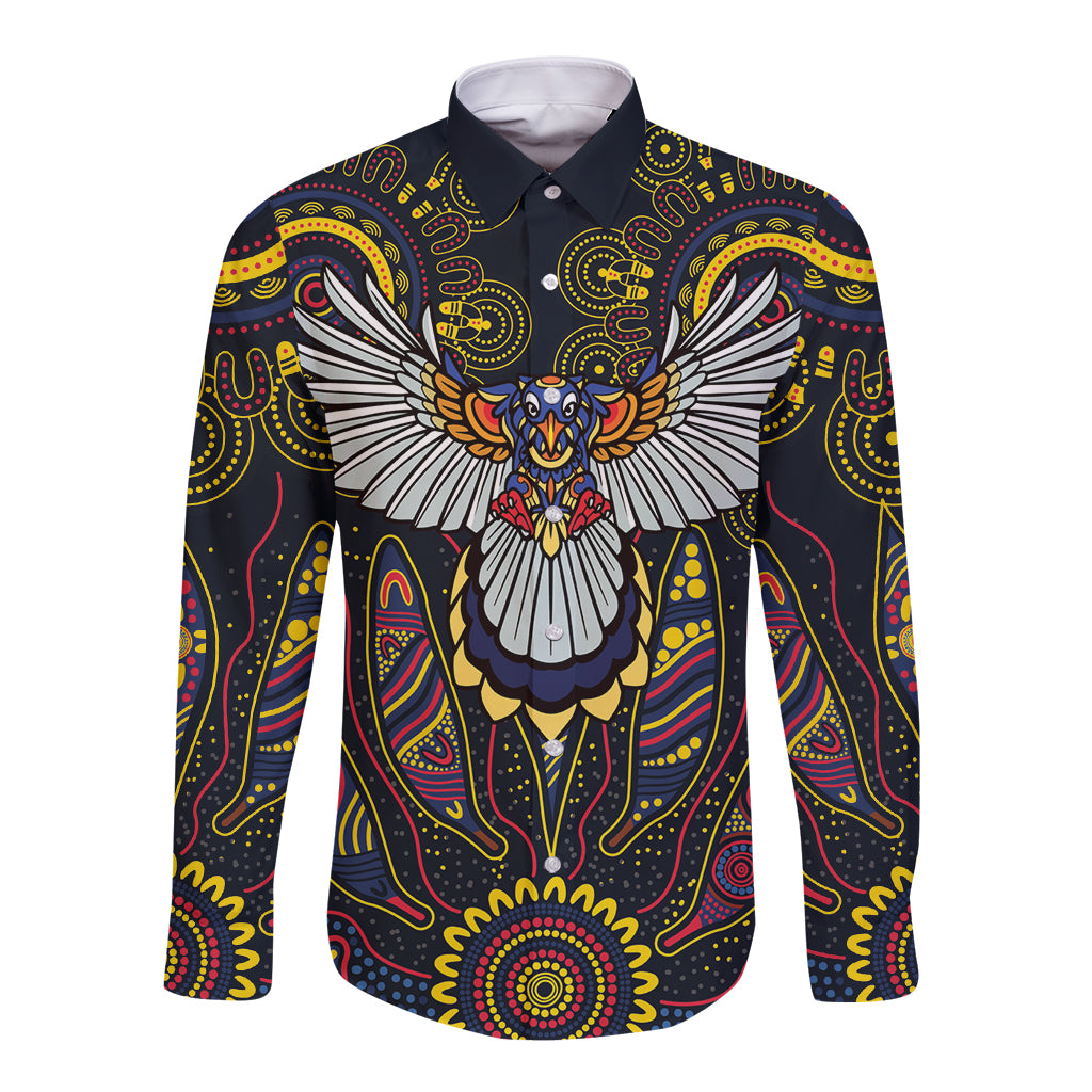 Custom Adelaide Football Long Sleeve Button Shirt With Crow Aboriginal Art Style