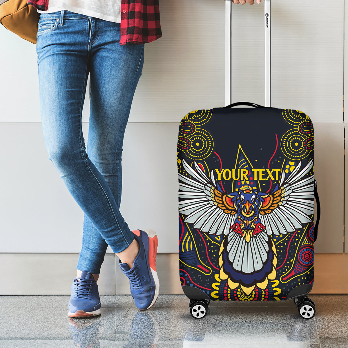 Custom Adelaide Football Luggage Cover With Crow Aboriginal Art Style