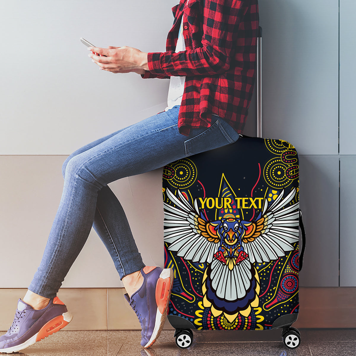 Custom Adelaide Football Luggage Cover With Crow Aboriginal Art Style