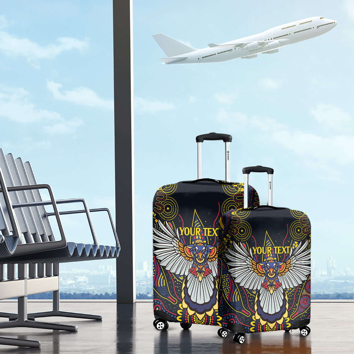 Custom Adelaide Football Luggage Cover With Crow Aboriginal Art Style
