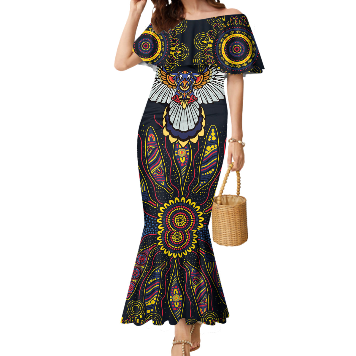 Custom Adelaide Football Mermaid Dress With Crow Aboriginal Art Style