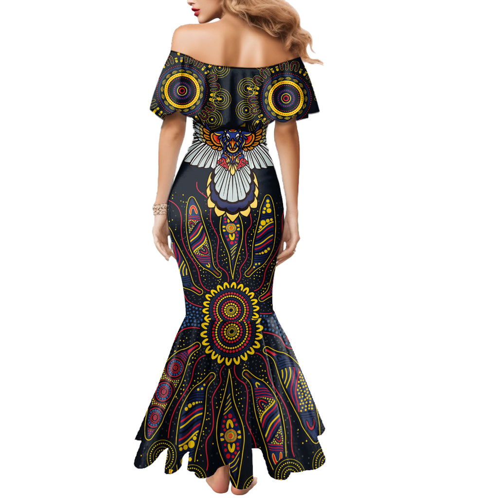 Custom Adelaide Football Mermaid Dress With Crow Aboriginal Art Style