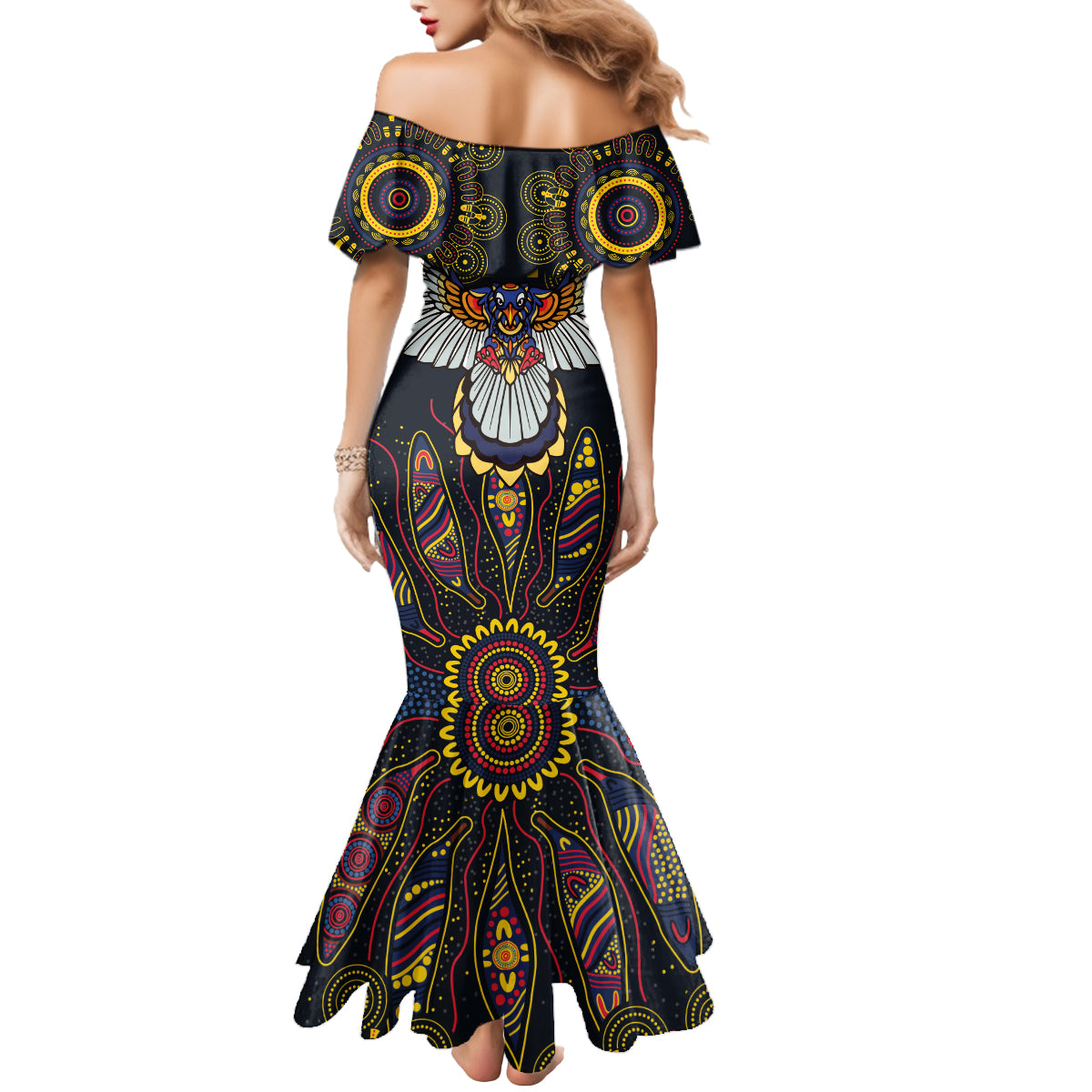Custom Adelaide Football Mermaid Dress With Crow Aboriginal Art Style