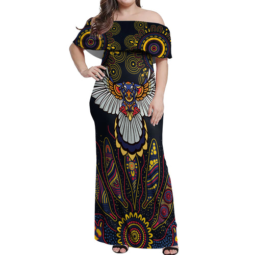 Custom Adelaide Football Off Shoulder Maxi Dress With Crow Aboriginal Art Style