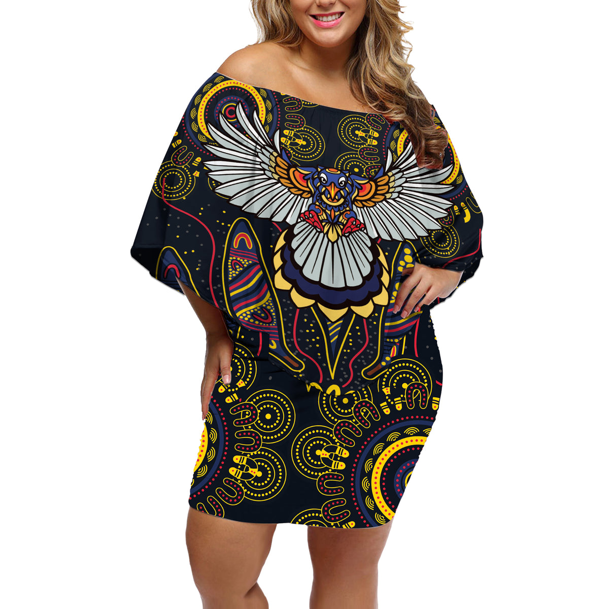 Custom Adelaide Football Off Shoulder Short Dress With Crow Aboriginal Art Style