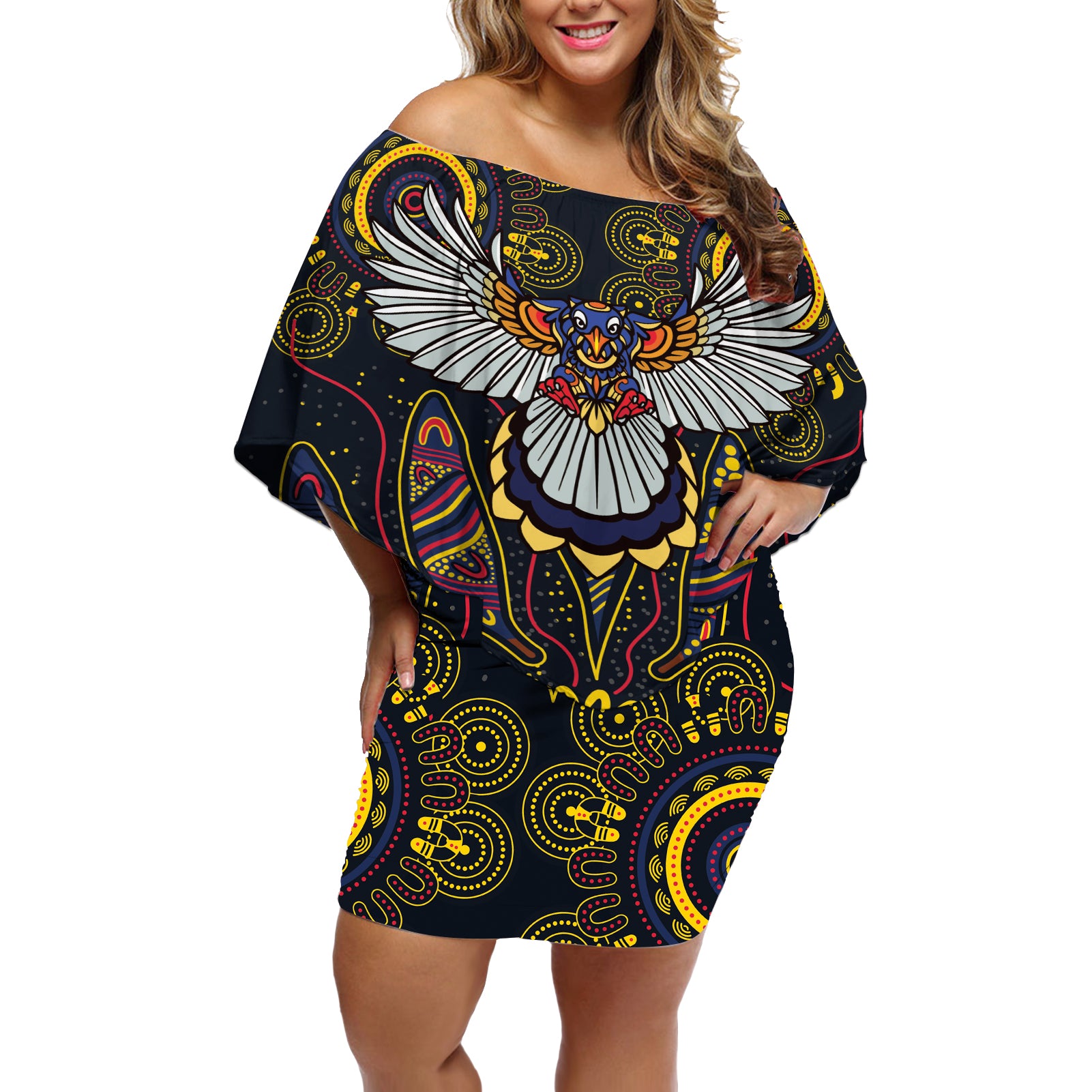 Custom Adelaide Football Off Shoulder Short Dress With Crow Aboriginal Art Style