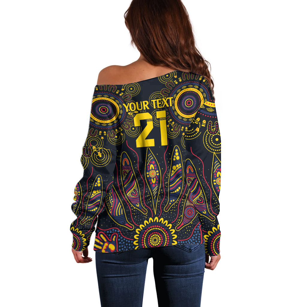 Custom Adelaide Football Off Shoulder Sweater With Crow Aboriginal Art Style