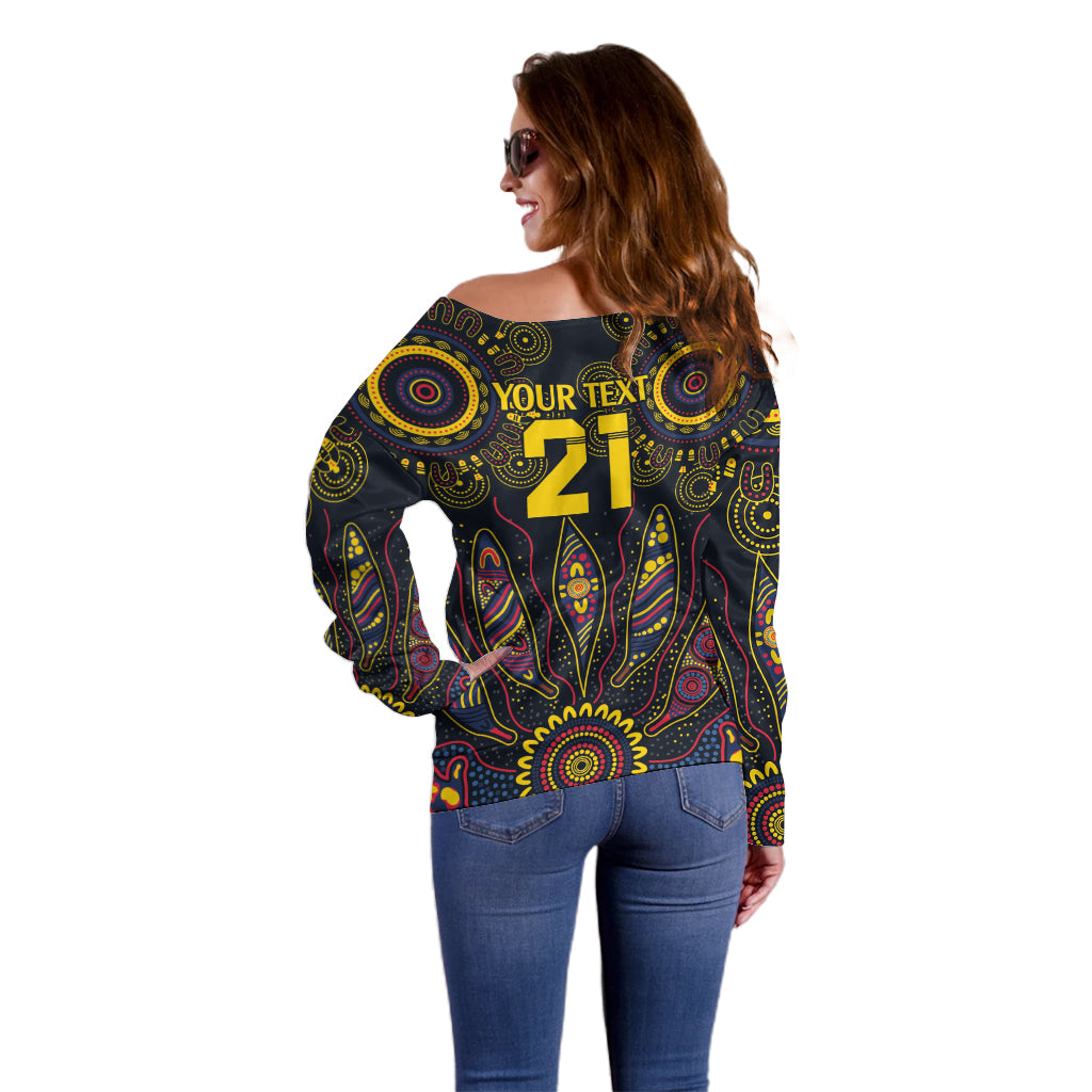 Custom Adelaide Football Off Shoulder Sweater With Crow Aboriginal Art Style