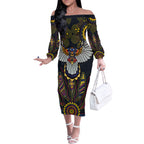 Custom Adelaide Football Off The Shoulder Long Sleeve Dress With Crow Aboriginal Art Style