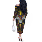 Custom Adelaide Football Off The Shoulder Long Sleeve Dress With Crow Aboriginal Art Style