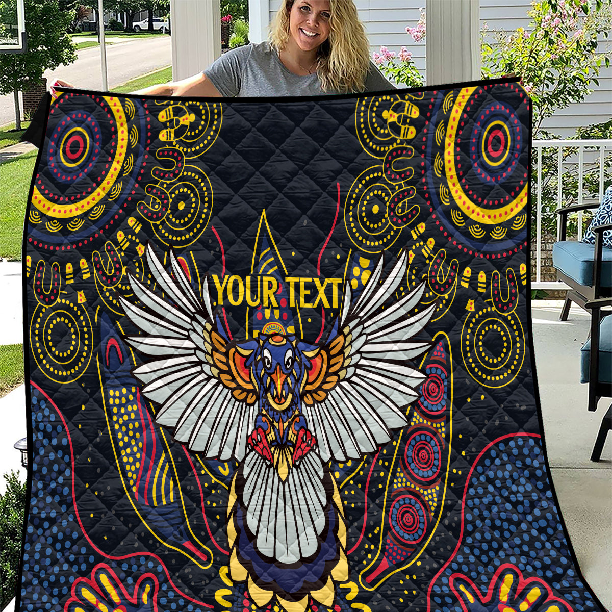Custom Adelaide Football Quilt With Crow Aboriginal Art Style