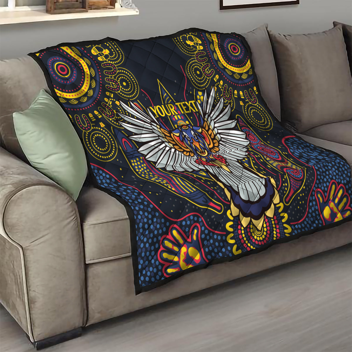 Custom Adelaide Football Quilt With Crow Aboriginal Art Style