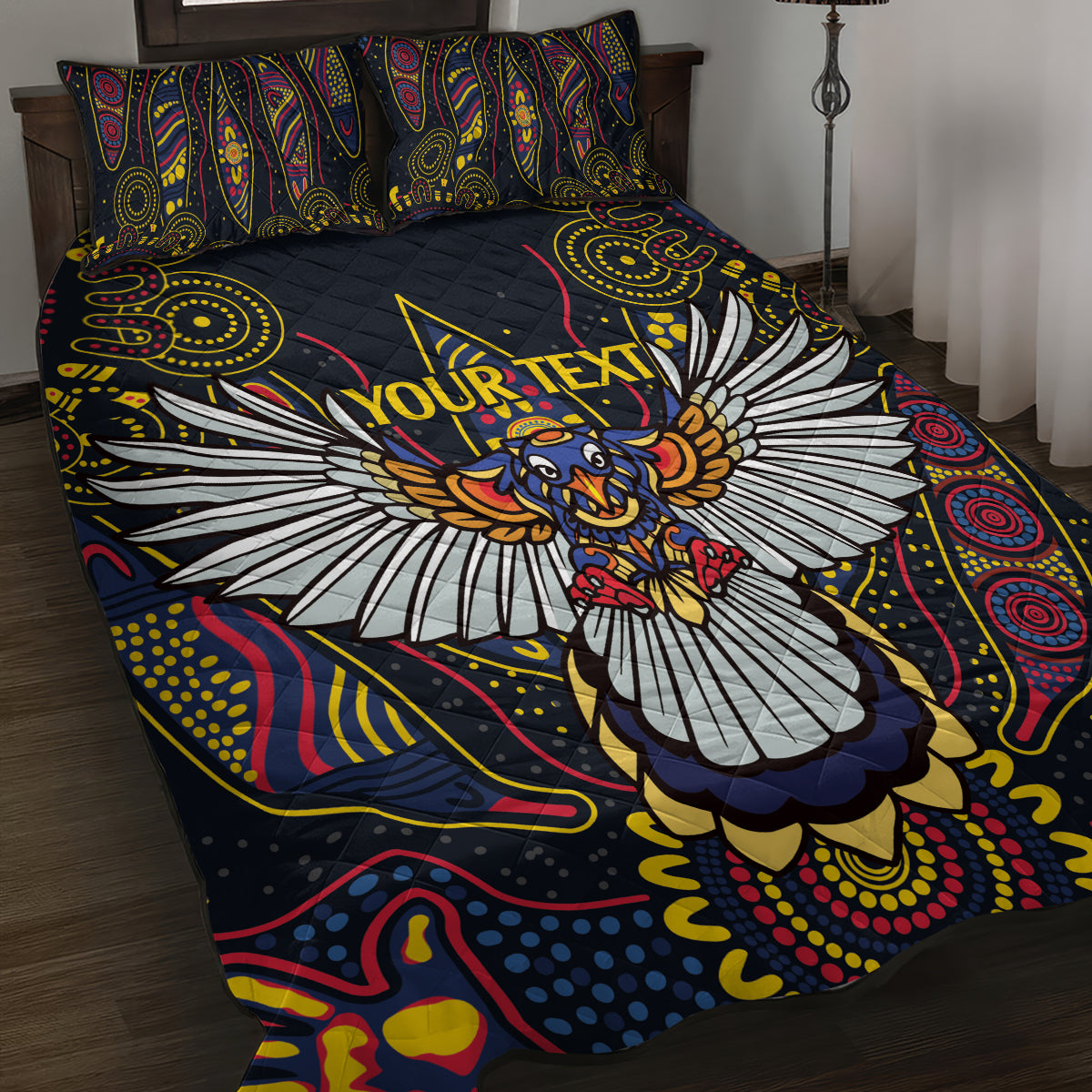 Custom Adelaide Football Quilt Bed Set With Crow Aboriginal Art Style