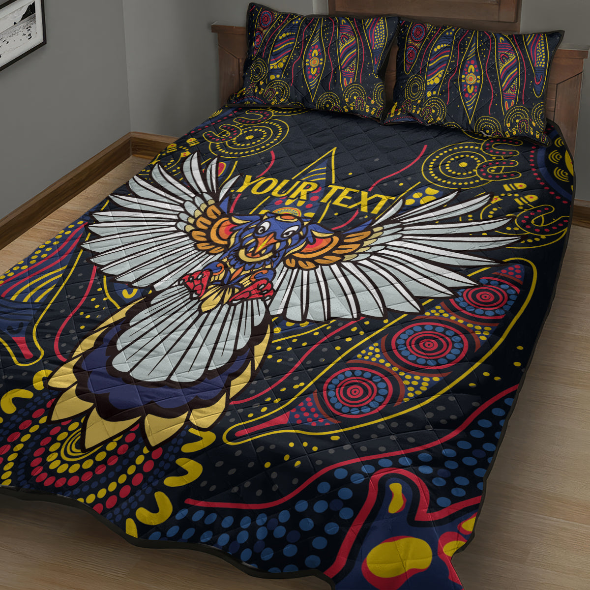 Custom Adelaide Football Quilt Bed Set With Crow Aboriginal Art Style
