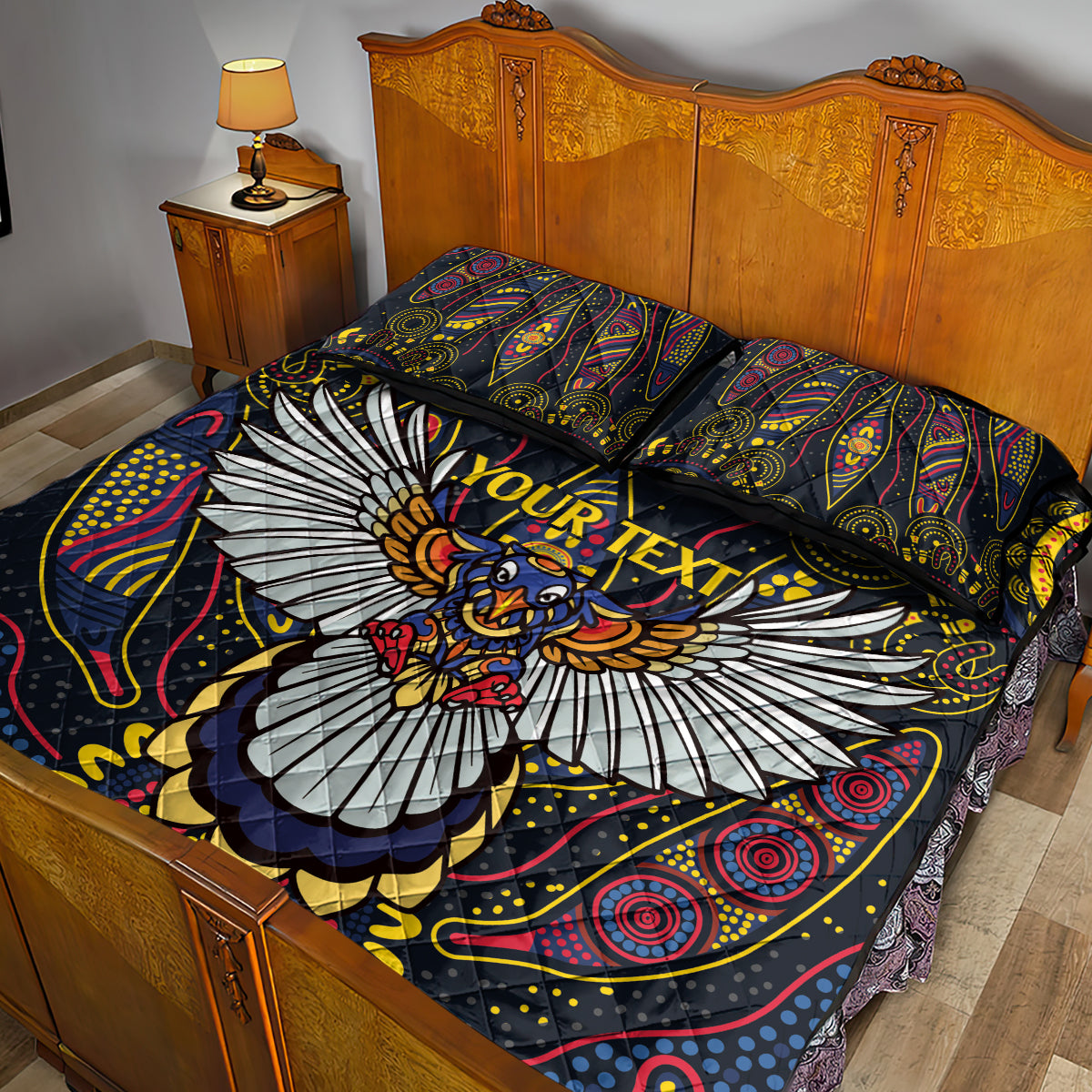 Custom Adelaide Football Quilt Bed Set With Crow Aboriginal Art Style