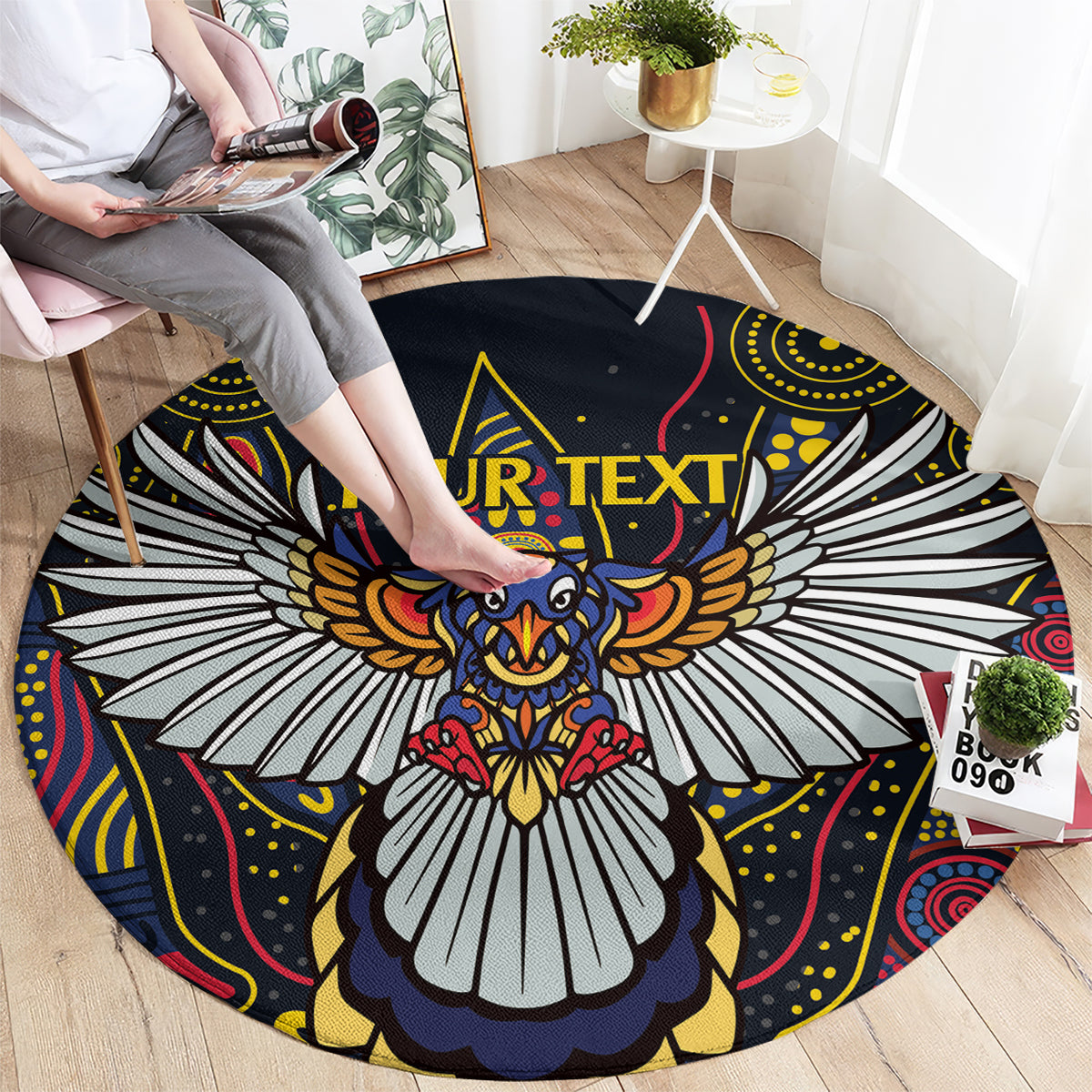 Custom Adelaide Football Round Carpet With Crow Aboriginal Art Style