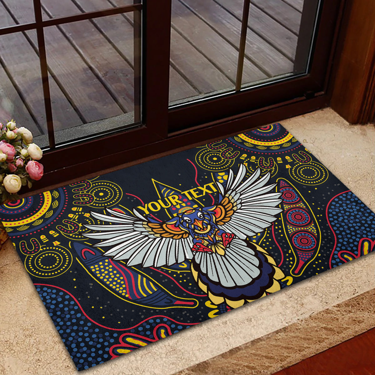 Custom Adelaide Football Rubber Doormat With Crow Aboriginal Art Style