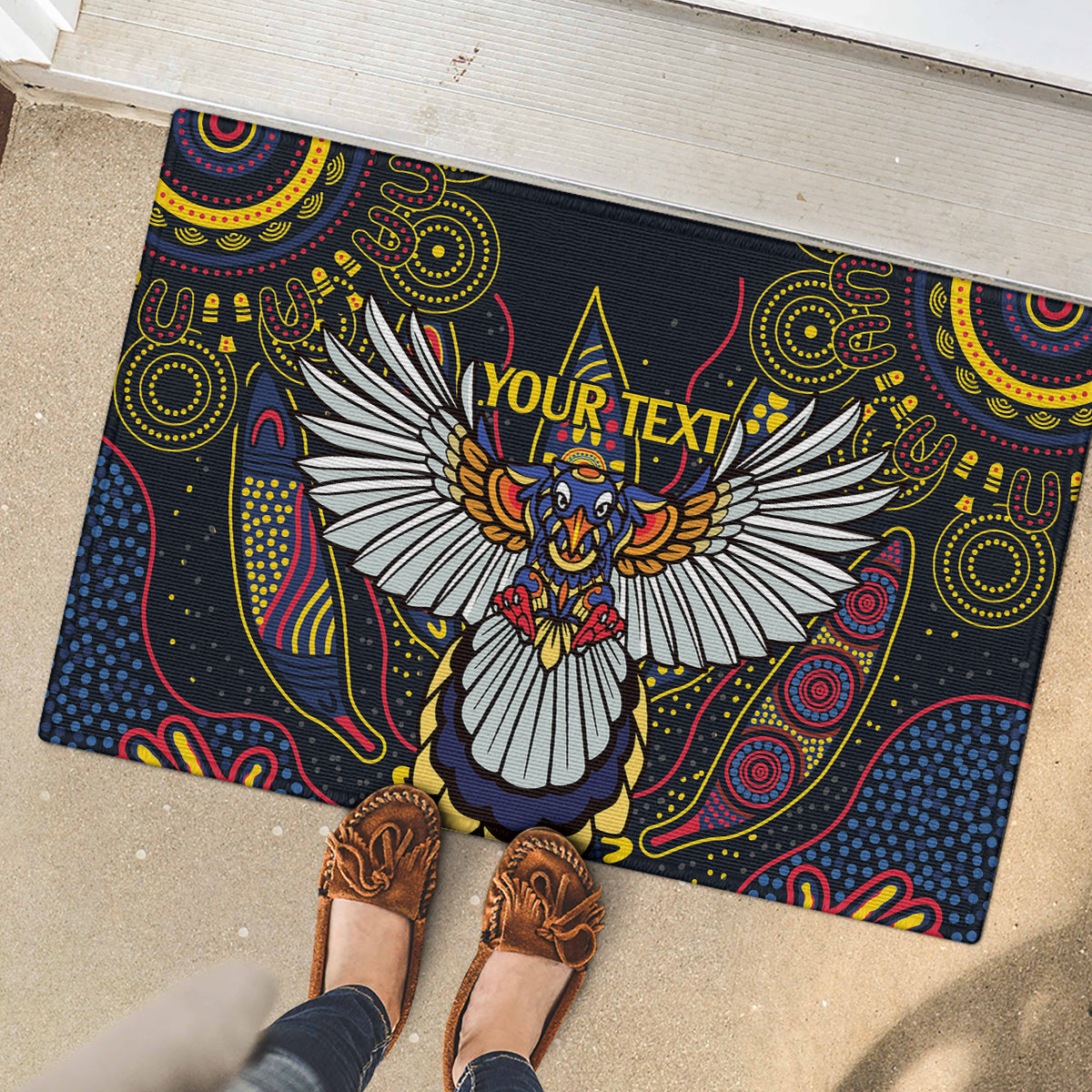 Custom Adelaide Football Rubber Doormat With Crow Aboriginal Art Style