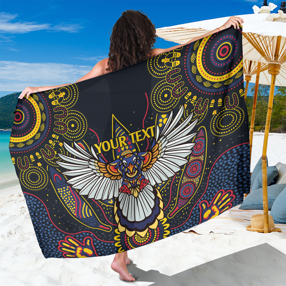 Custom Adelaide Football Sarong With Crow Aboriginal Art Style