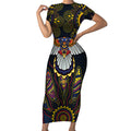 Custom Adelaide Football Short Sleeve Bodycon Dress With Crow Aboriginal Art Style