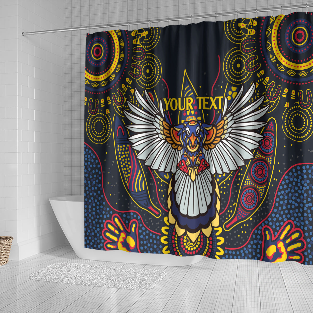 Custom Adelaide Football Shower Curtain With Crow Aboriginal Art Style