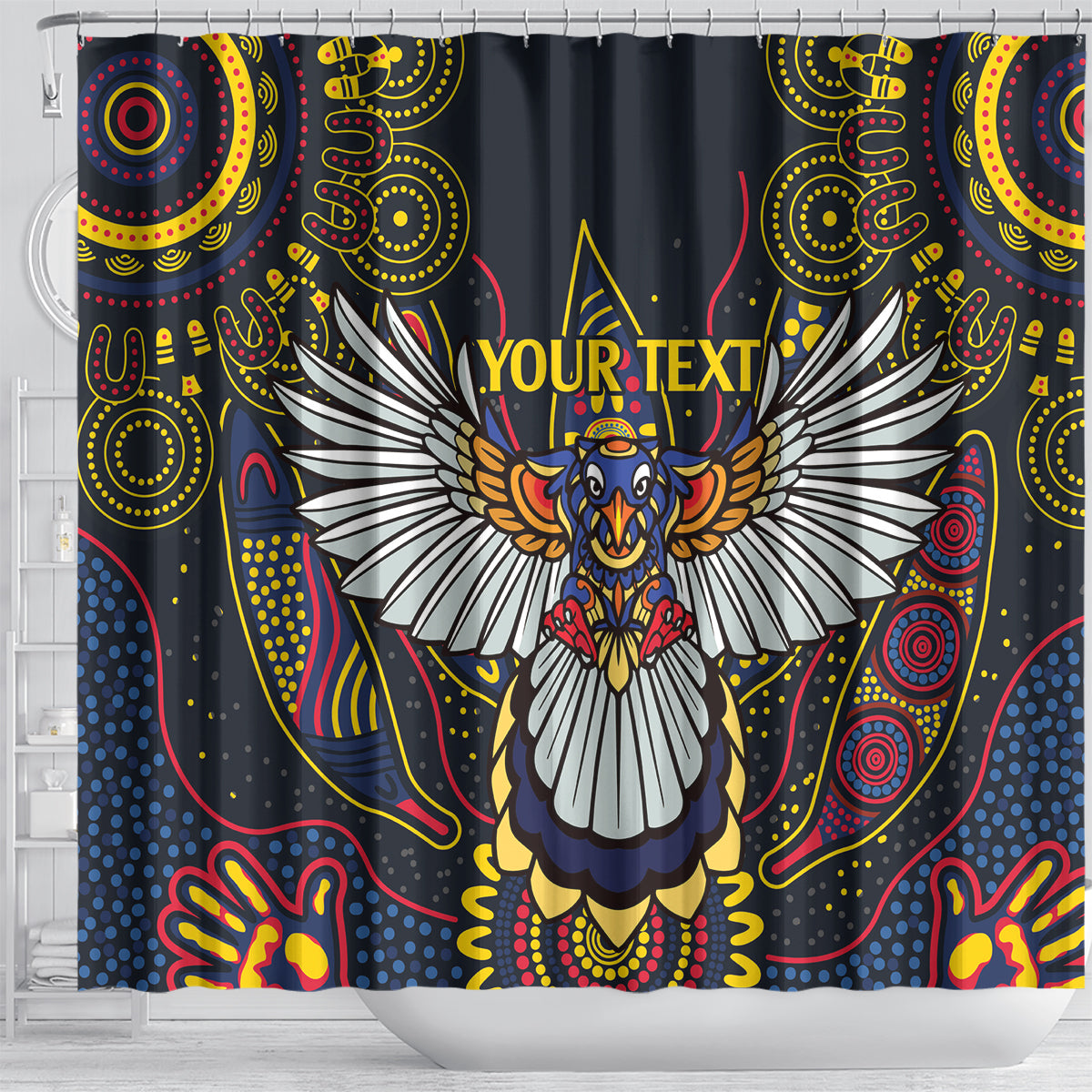 Custom Adelaide Football Shower Curtain With Crow Aboriginal Art Style