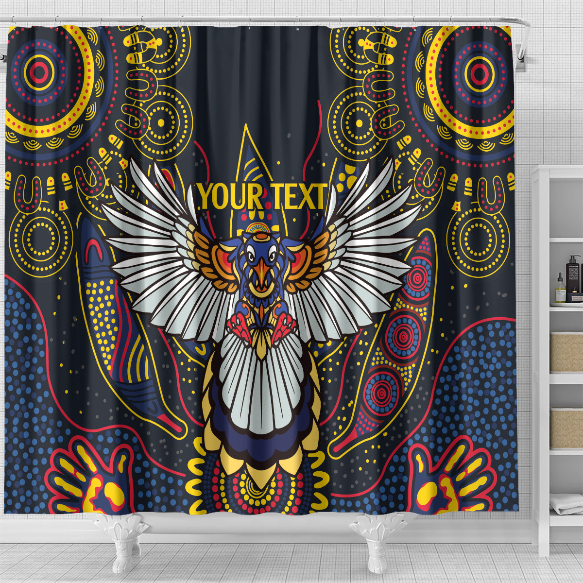 Custom Adelaide Football Shower Curtain With Crow Aboriginal Art Style