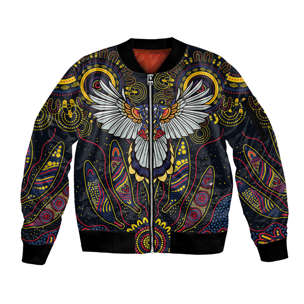 Custom Adelaide Football Sleeve Zip Bomber Jacket With Crow Aboriginal Art Style