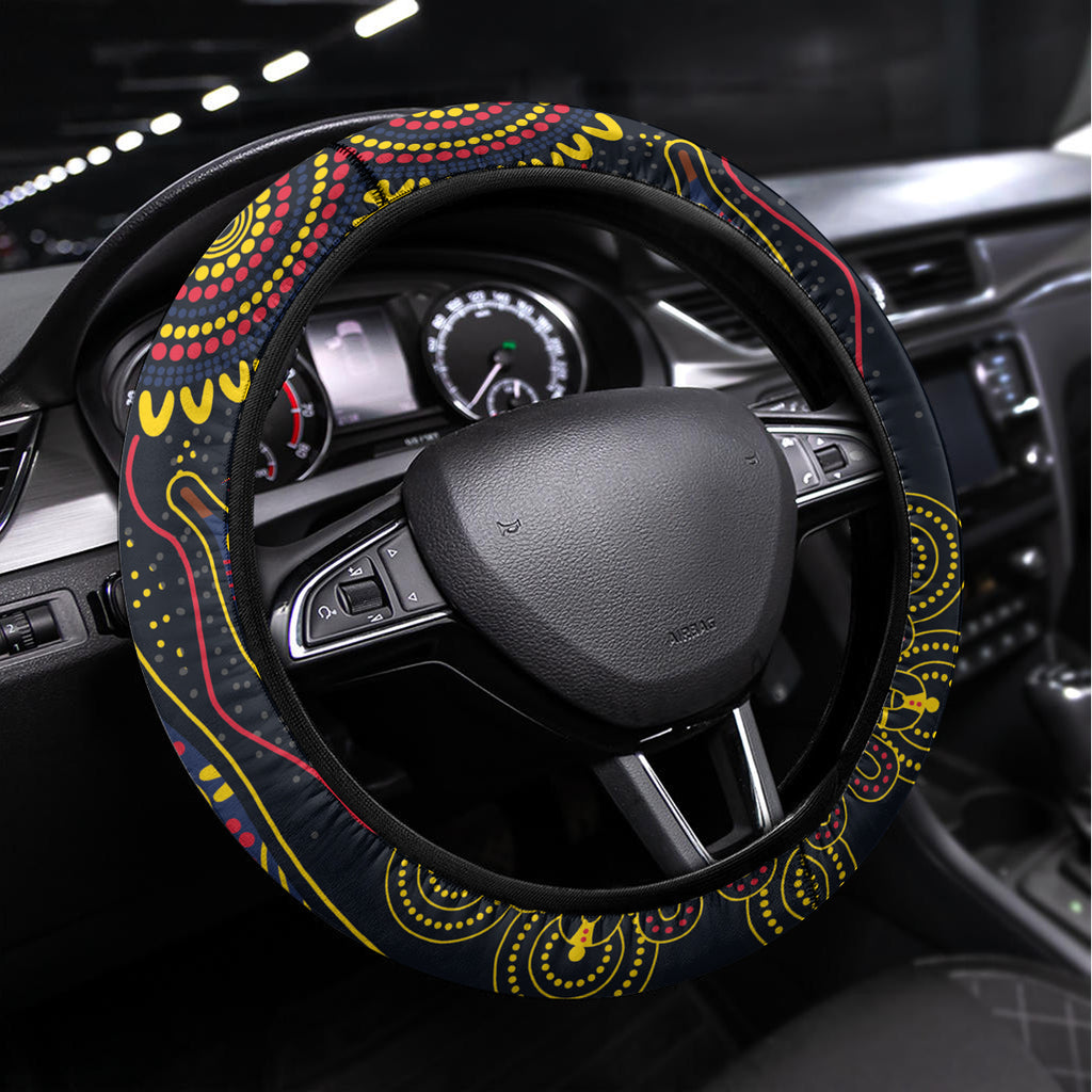 Custom Adelaide Football Steering Wheel Cover With Crow Aboriginal Art Style