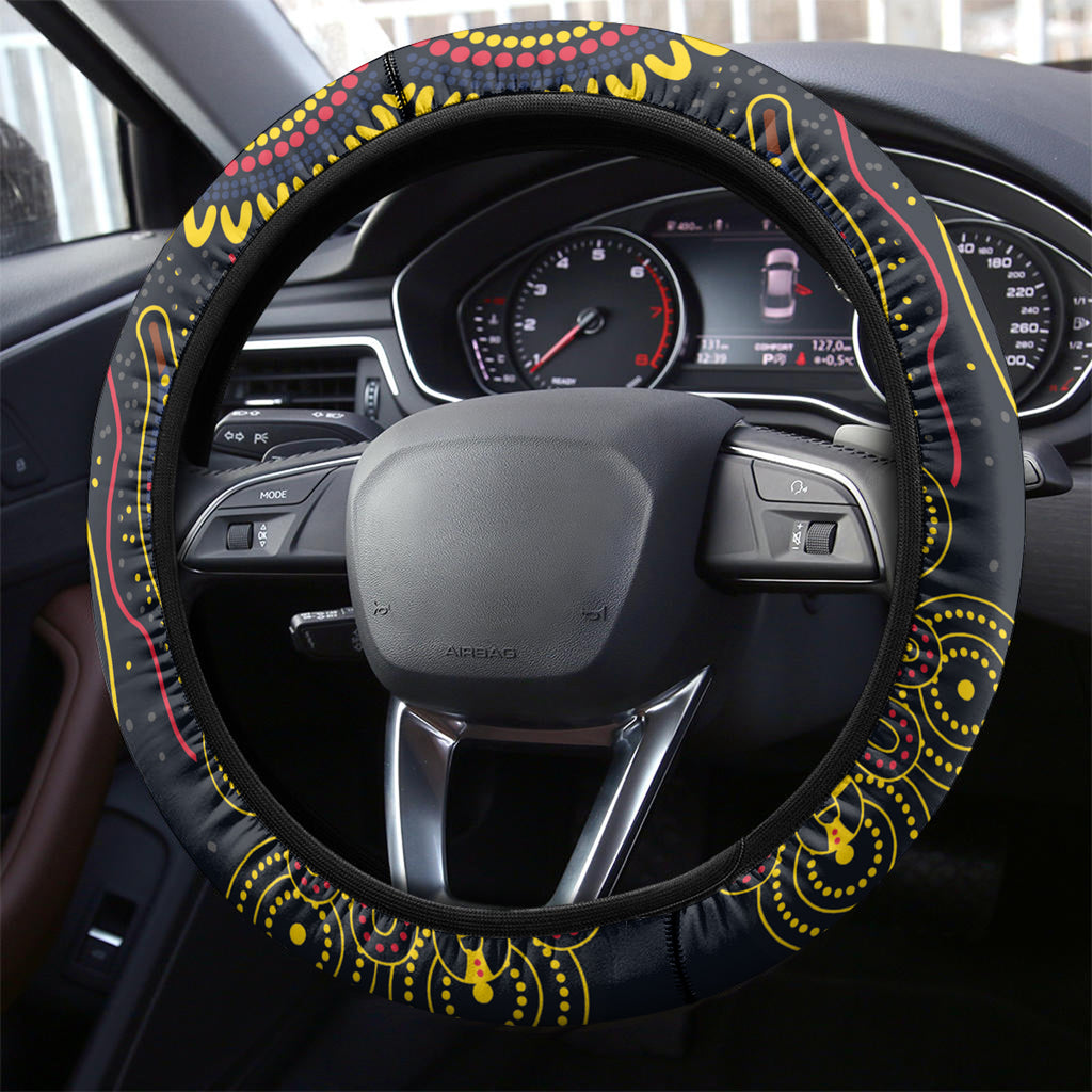 Custom Adelaide Football Steering Wheel Cover With Crow Aboriginal Art Style