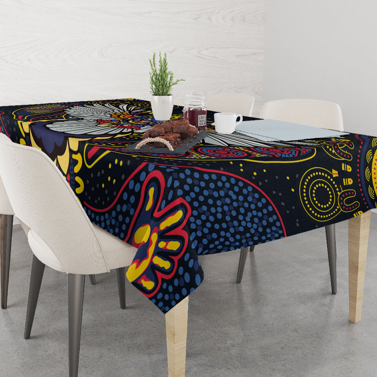 Custom Adelaide Football Tablecloth With Crow Aboriginal Art Style