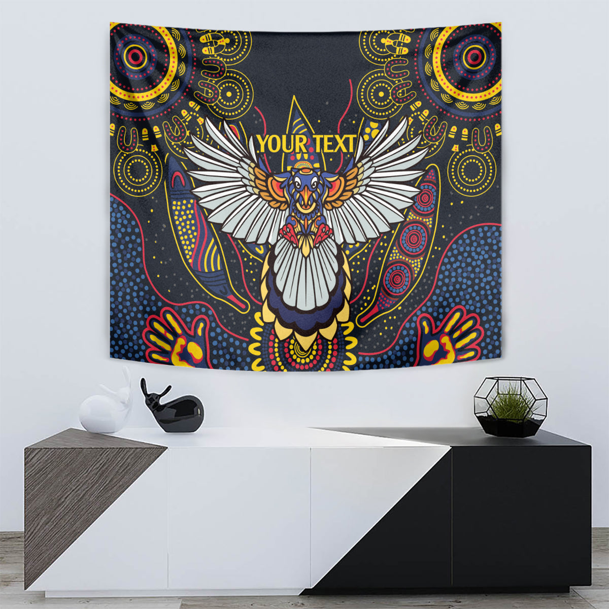 Custom Adelaide Football Tapestry With Crow Aboriginal Art Style