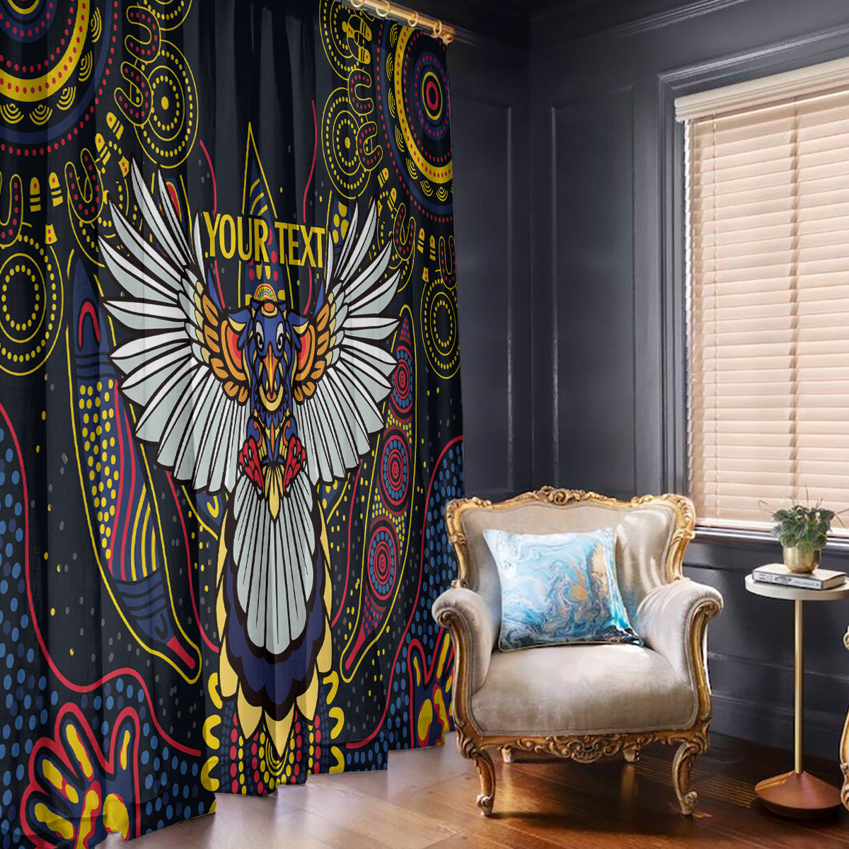 Custom Adelaide Football Window Curtain With Crow Aboriginal Art Style