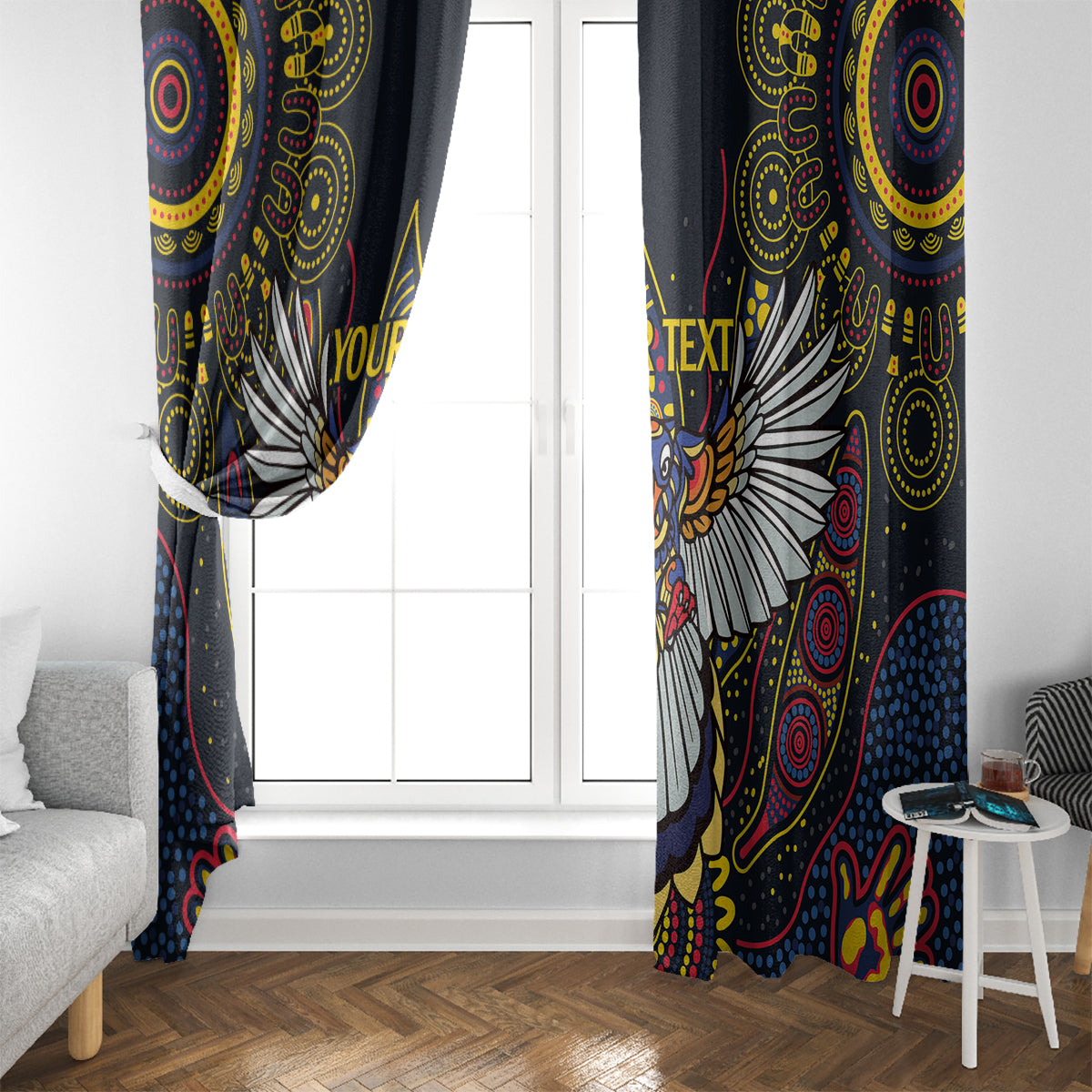 Custom Adelaide Football Window Curtain With Crow Aboriginal Art Style