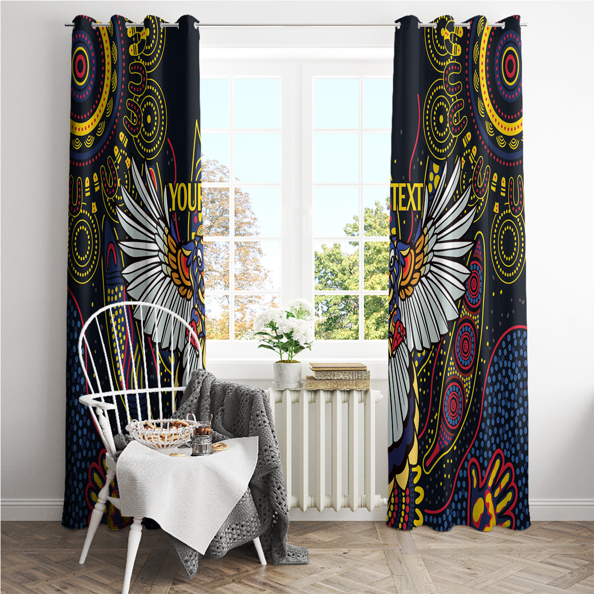 Custom Adelaide Football Window Curtain With Crow Aboriginal Art Style