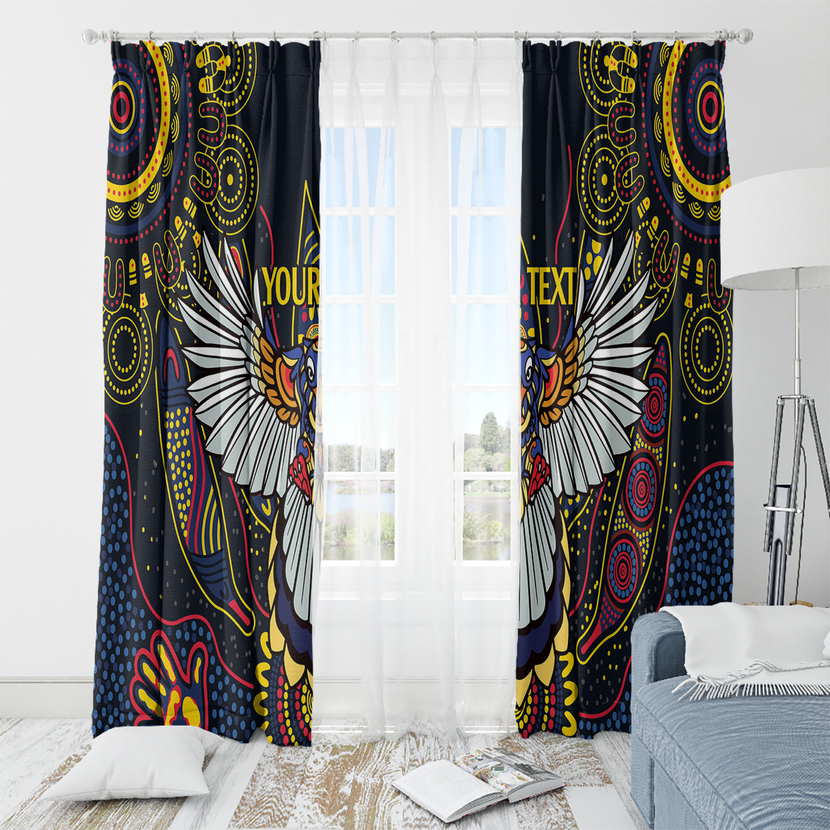 Custom Adelaide Football Window Curtain With Crow Aboriginal Art Style