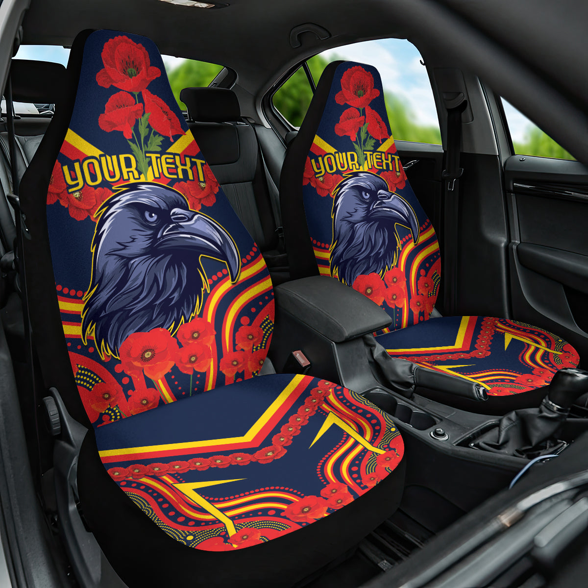 Custom Crows Football ANZAC Car Seat Cover Poppy Soldier With Aboriginal Dots Art