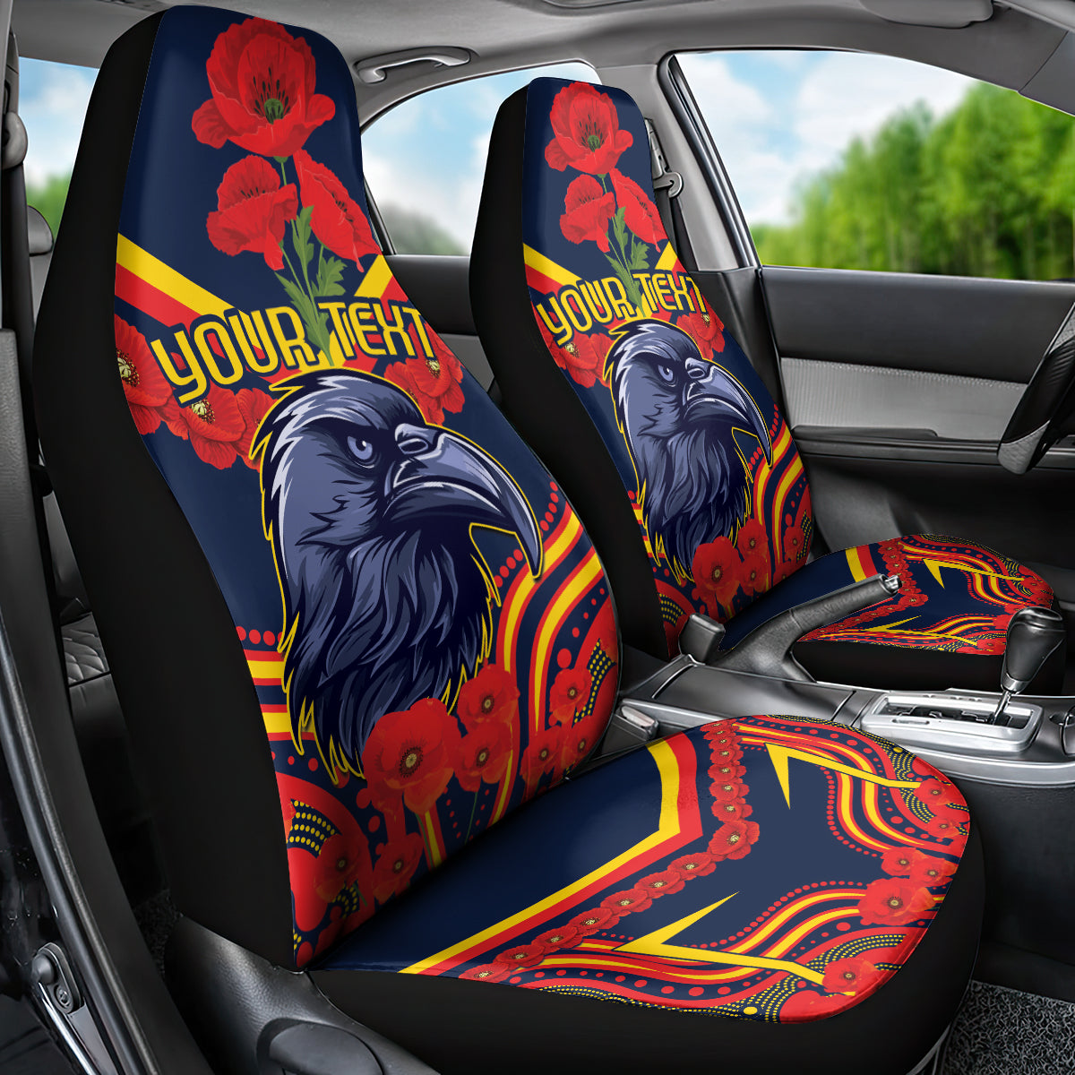 Custom Crows Football ANZAC Car Seat Cover Poppy Soldier With Aboriginal Dots Art