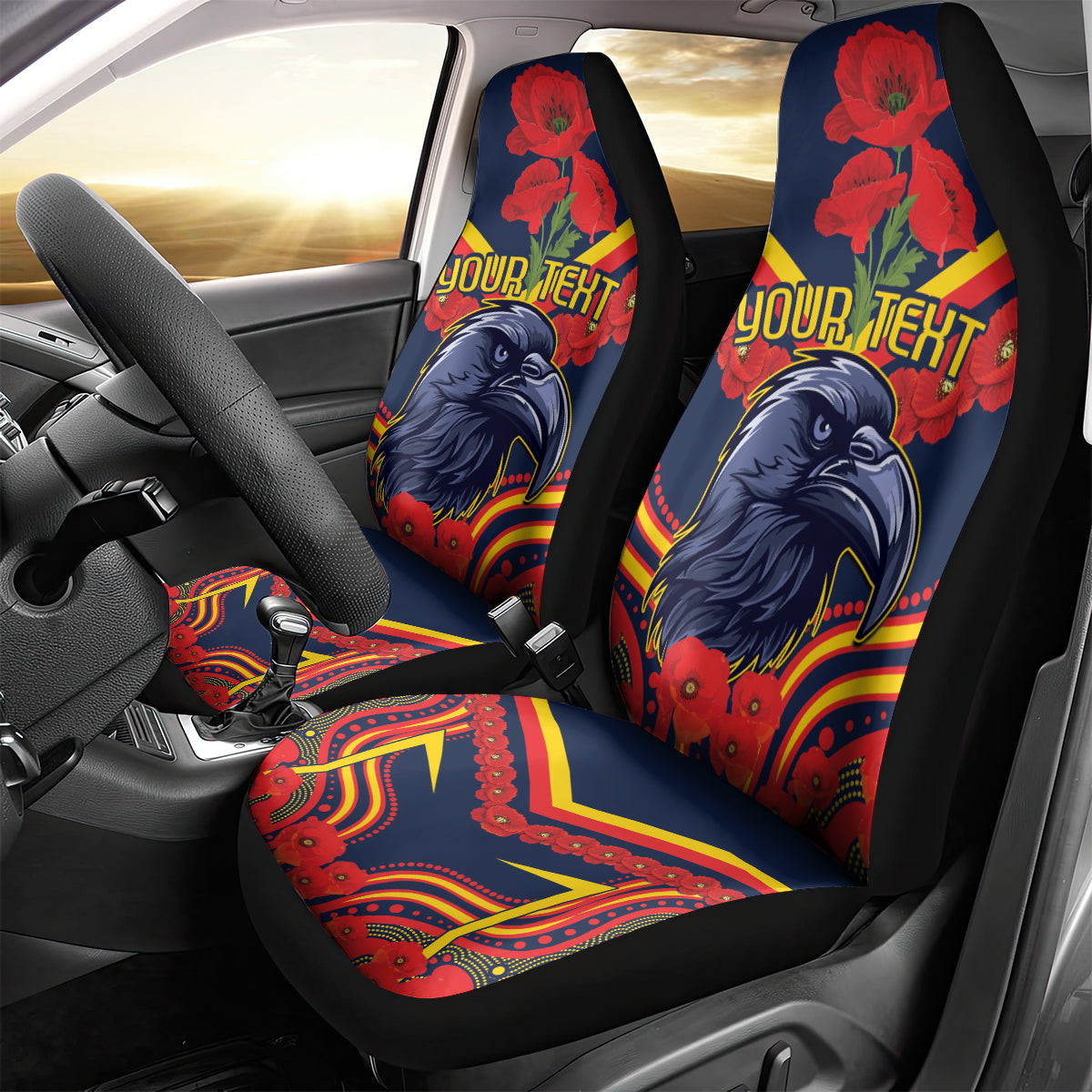 Custom Crows Football ANZAC Car Seat Cover Poppy Soldier With Aboriginal Dots Art