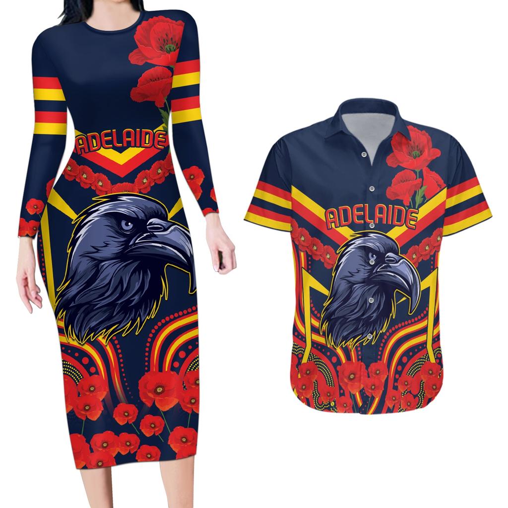 Custom Crows Football ANZAC Couples Matching Long Sleeve Bodycon Dress and Hawaiian Shirt Poppy Soldier With Aboriginal Dots Art