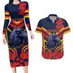 Custom Crows Football ANZAC Couples Matching Long Sleeve Bodycon Dress and Hawaiian Shirt Poppy Soldier With Aboriginal Dots Art