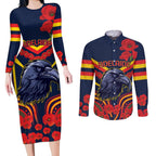 Custom Crows Football ANZAC Couples Matching Long Sleeve Bodycon Dress and Long Sleeve Button Shirt Poppy Soldier With Aboriginal Dots Art