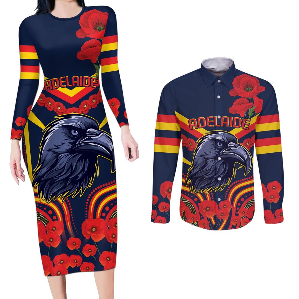 Custom Crows Football ANZAC Couples Matching Long Sleeve Bodycon Dress and Long Sleeve Button Shirt Poppy Soldier With Aboriginal Dots Art