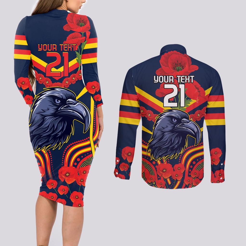 Custom Crows Football ANZAC Couples Matching Long Sleeve Bodycon Dress and Long Sleeve Button Shirt Poppy Soldier With Aboriginal Dots Art