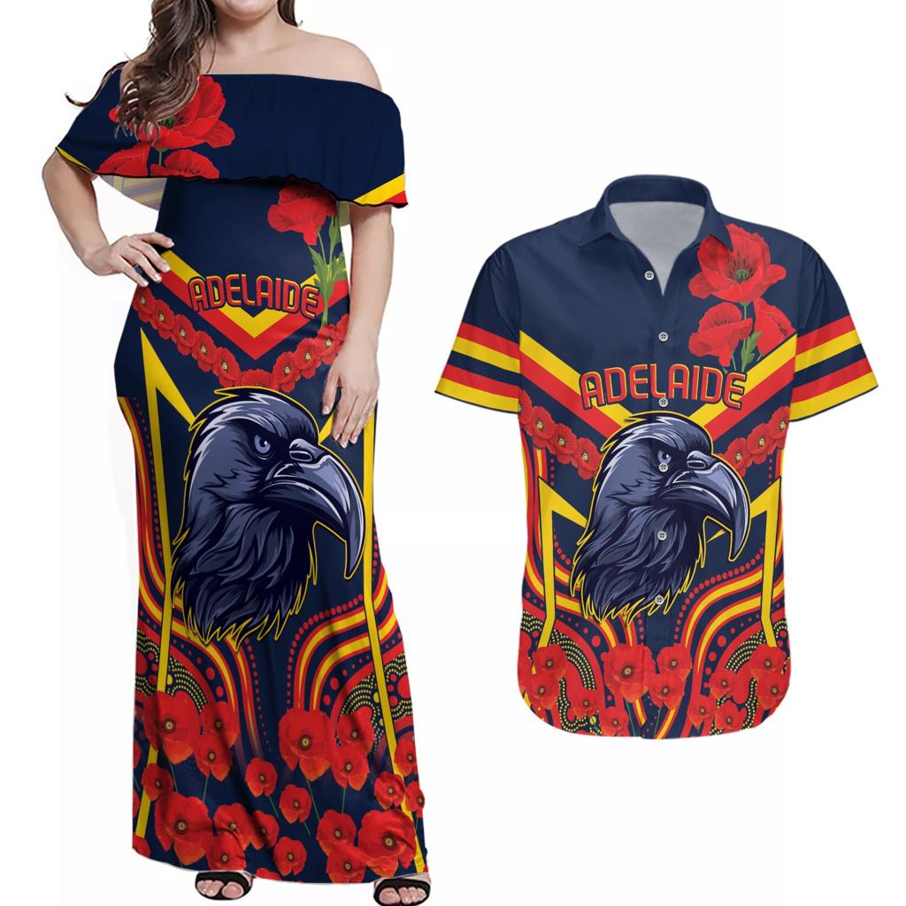 Custom Crows Football ANZAC Couples Matching Off Shoulder Maxi Dress and Hawaiian Shirt Poppy Soldier With Aboriginal Dots Art