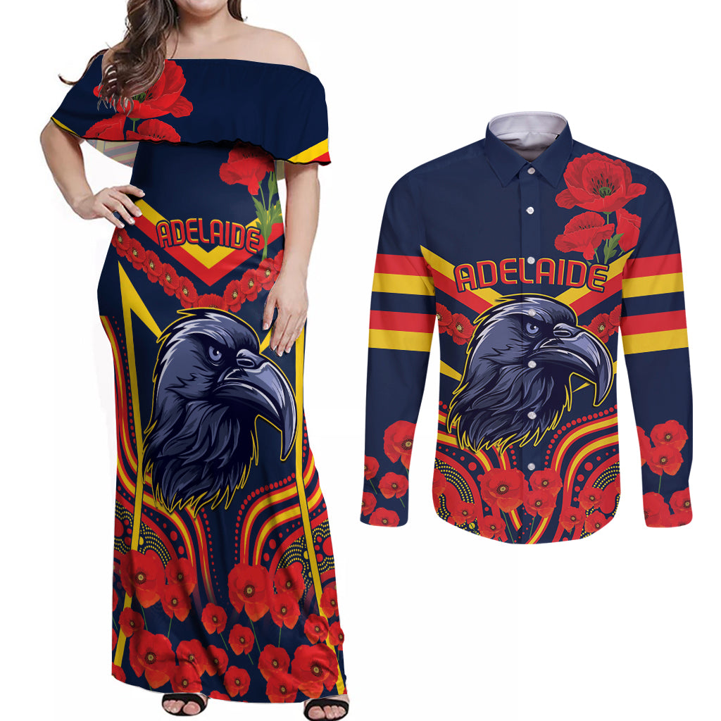 Custom Crows Football ANZAC Couples Matching Off Shoulder Maxi Dress and Long Sleeve Button Shirt Poppy Soldier With Aboriginal Dots Art